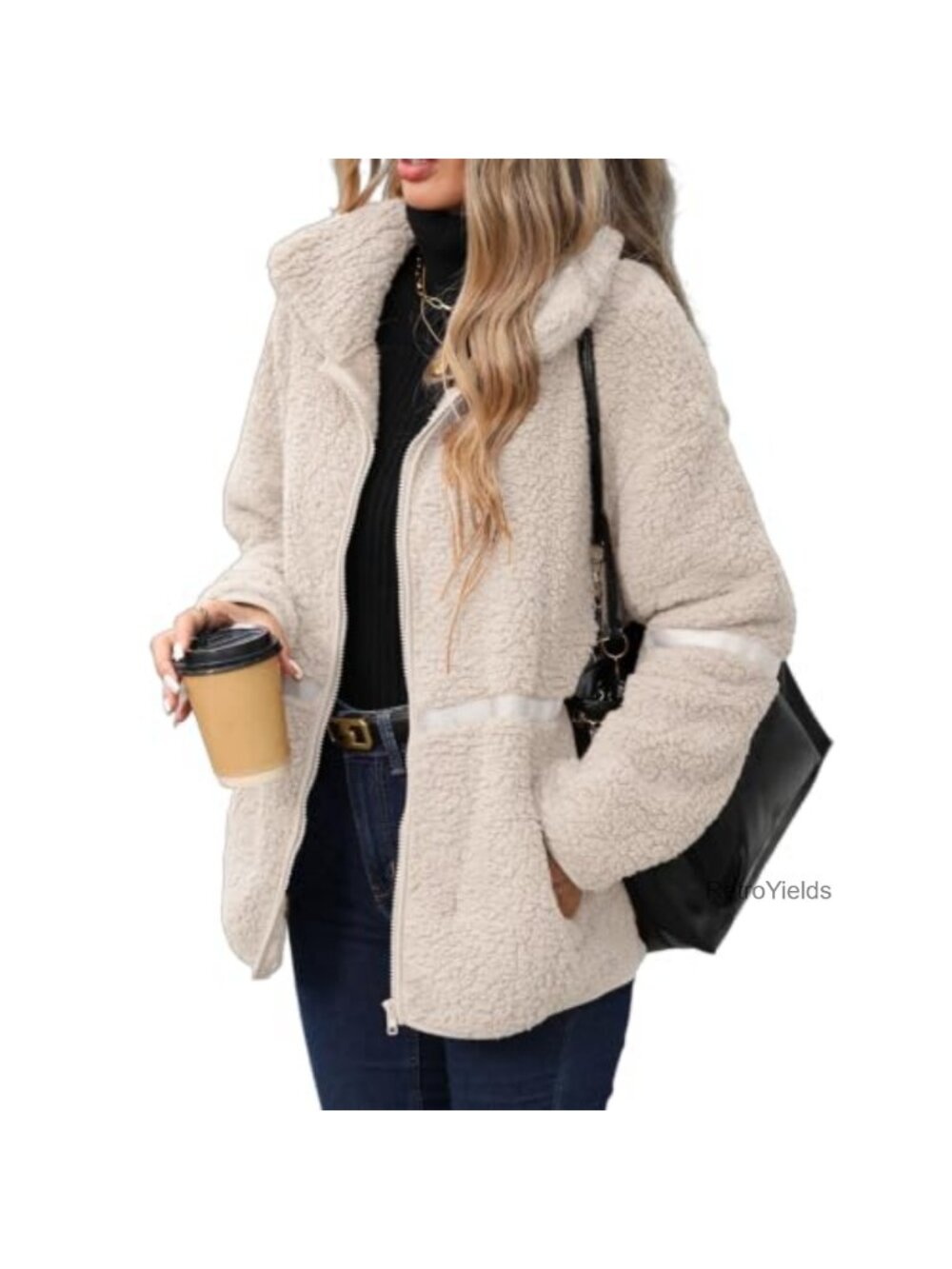 Women's Sherpa Fleece Jacket Full Zip Pockets Plush Fuzzy Coat